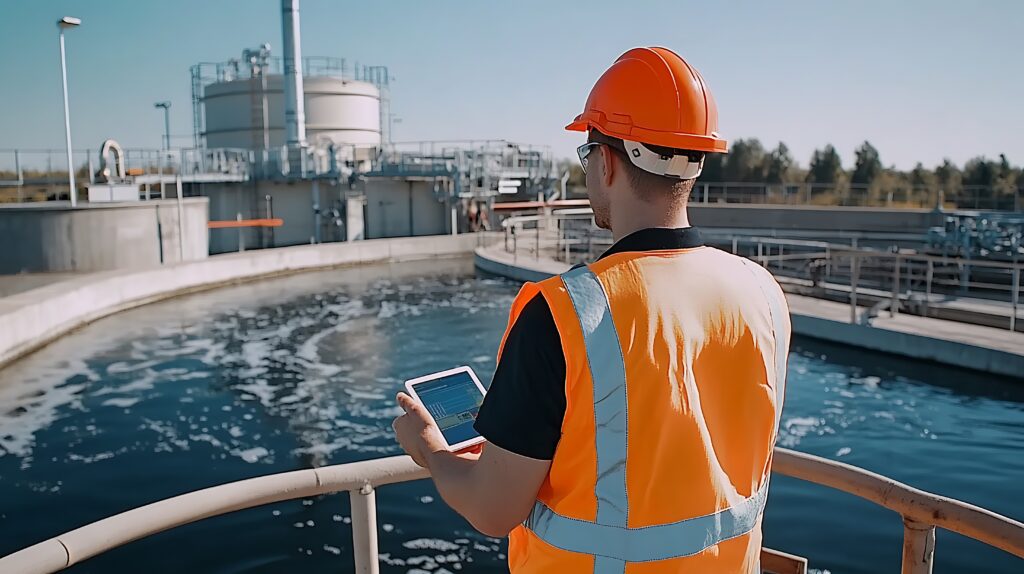 engenheiro de saneamento básico avaliando estação de tratamento de efluentes municipal