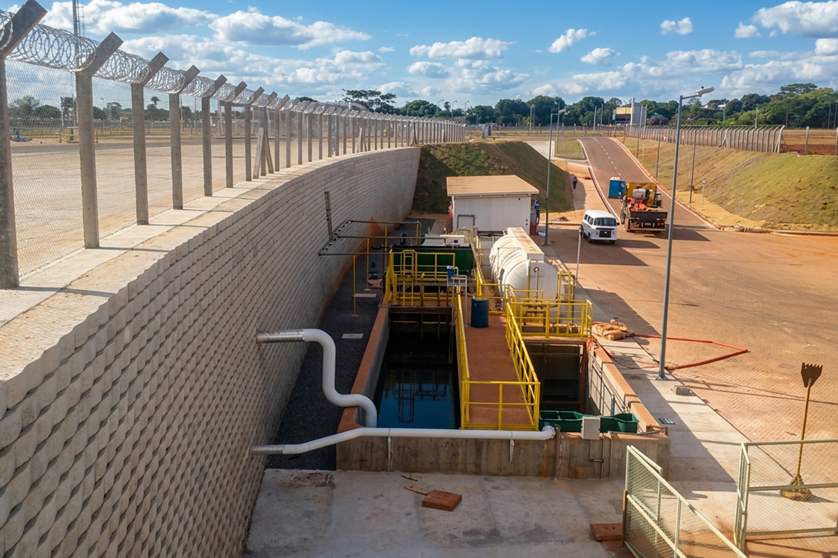 Detalhe da estação de tratamento de efluentes para reuso de água no Aeroporto Santa Genoveva
