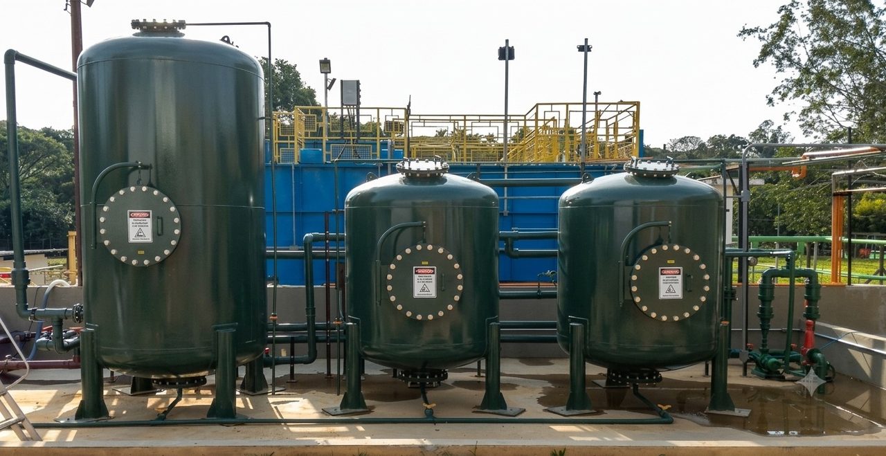 estação de tratamento de água industrial modernizada com filtros pressurizados após retrofit em Campinas
