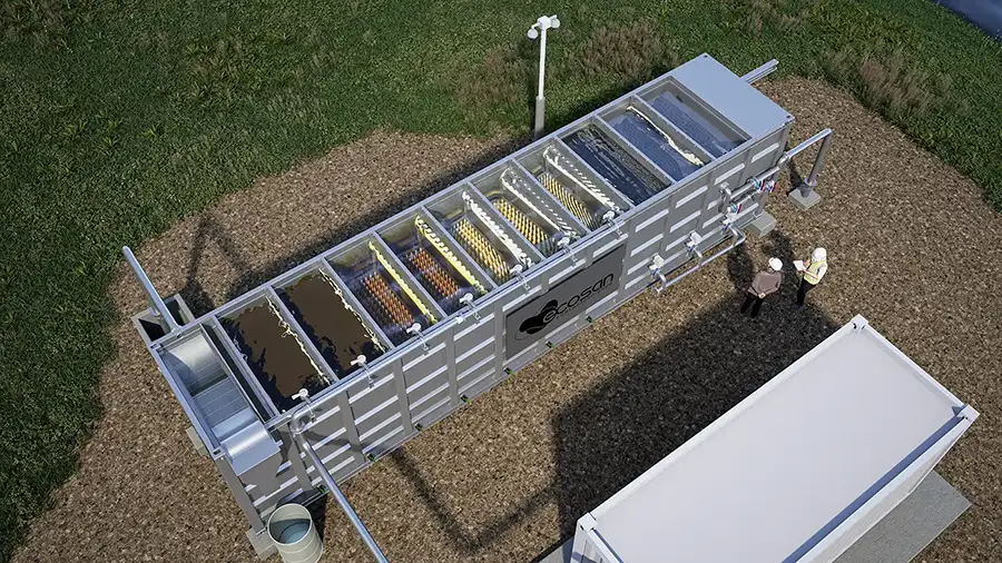 Efflubox: vista da estação modular de tratamento de efluentes da Ecosan