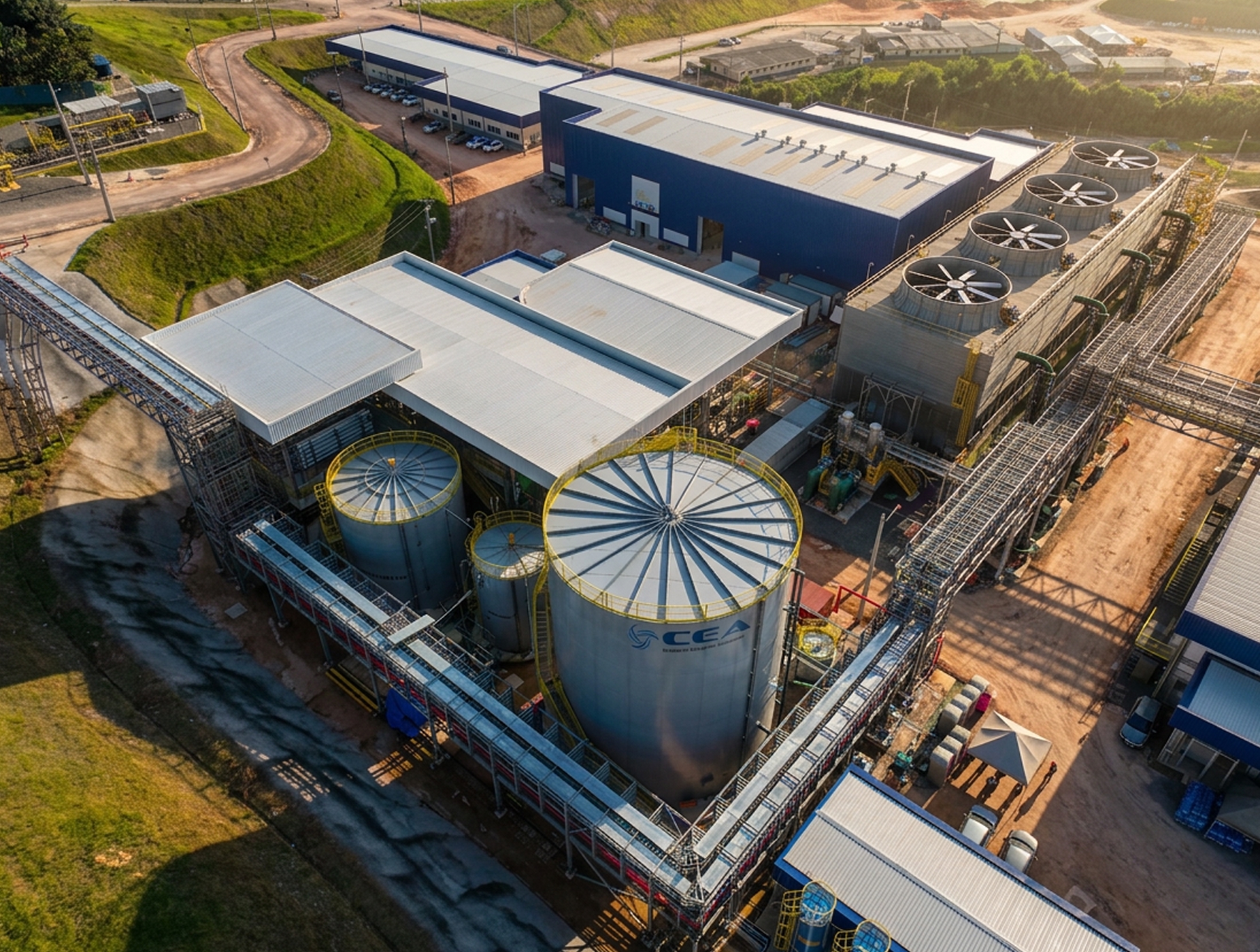 Vista aérea do sistema integrado de tratamento Ecosan na usina termelétrica de Manaus