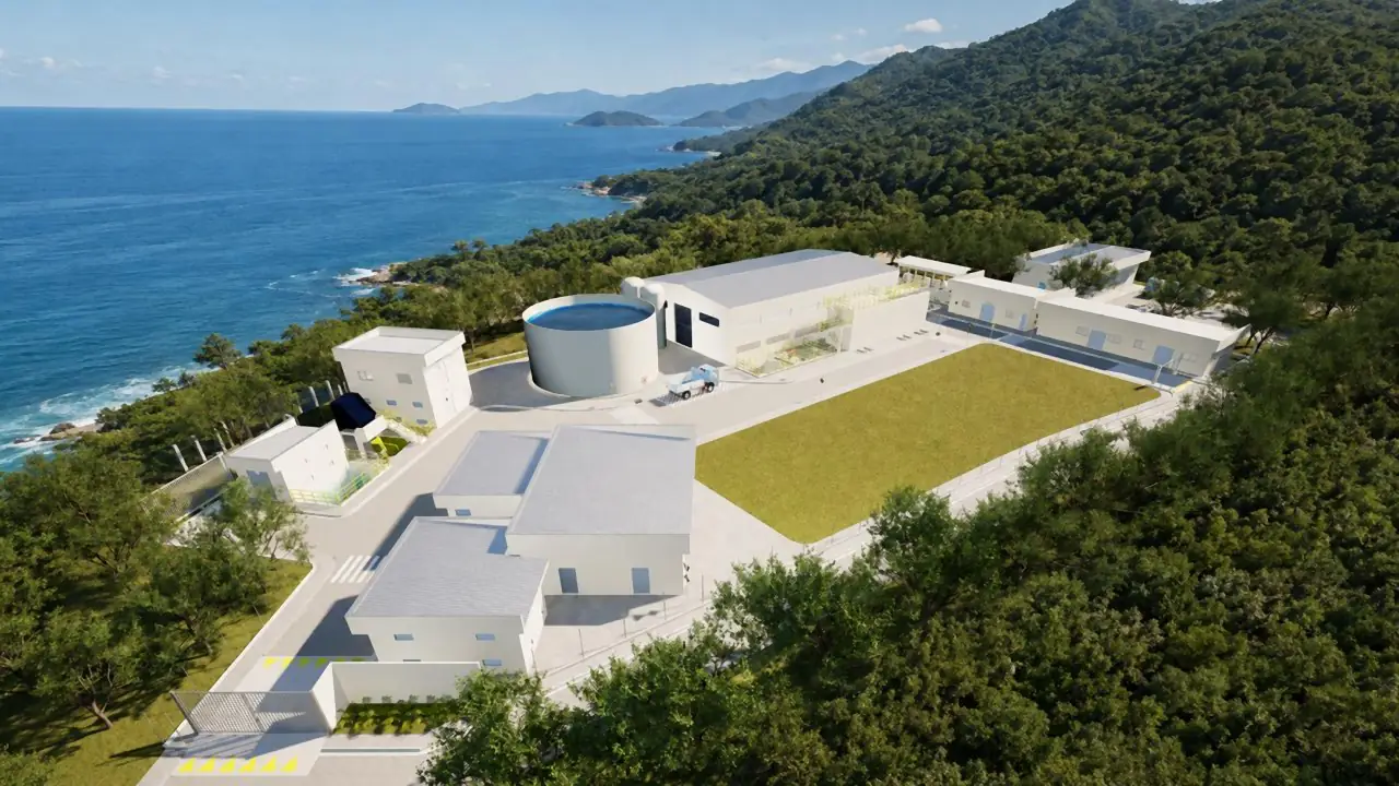 Vista aérea da estação de dessalinização de Ilhabela, projeto da Ecosan a serviço da Sabesp
